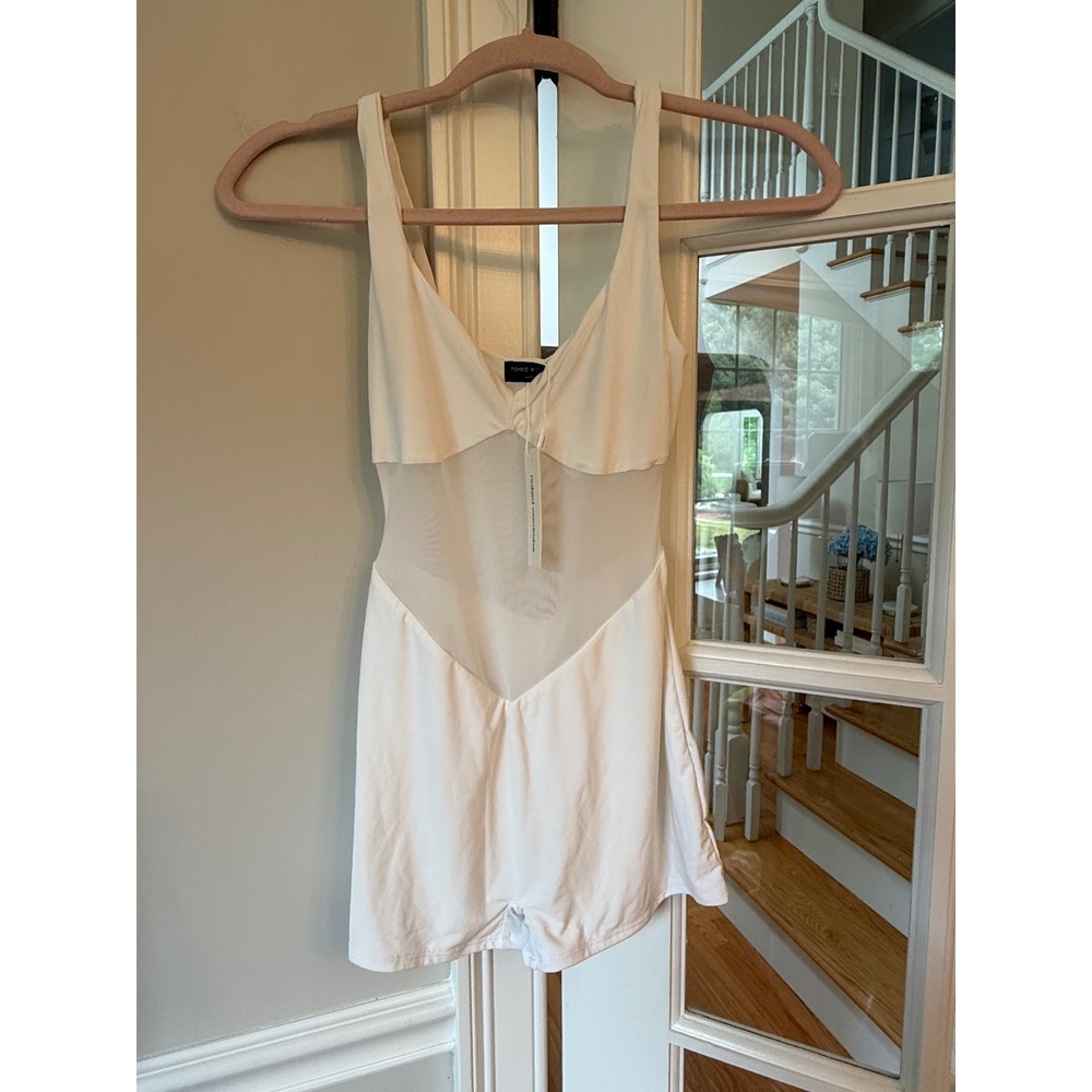 Naked Wardrobe Womens White Mesh Panel Sleeveless Romper Bodycon Small NWT